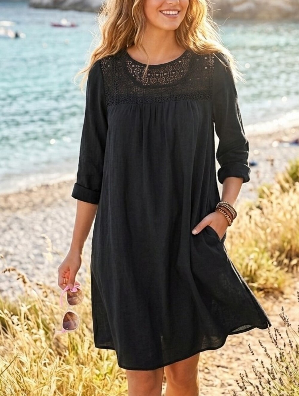 GAP Women's Black Crochet Detail Tunic Dress - Size XS Ptp 19" L 33.5"